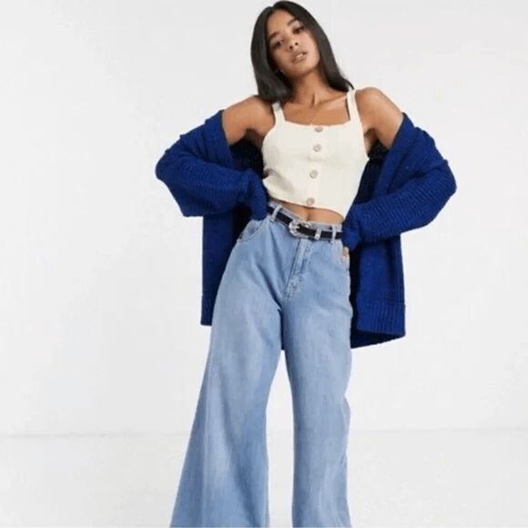 Free People High Hopes Blue Black Chunky Knit Sweater Cardigan Small - Picture 9 of 11